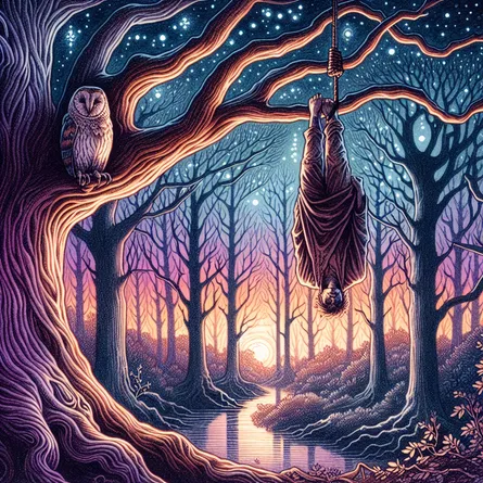 An image of 'The Hanged Man' from a illustrated card game, hanging upside down from an aged tree. The figure is bathed in the soft glow of twilight, with purple and orange hues tinging the outlines. The background of the image consists of a tranquil, mystical forest, the whispering wind carrying secrets of nature. Underneath the blanket of growing darkness, a hint of silver starlight begins to twinkle through the leaves, making patterns on the forest floor. Perched silently on a nearby branch, an owl gazes with its deep, wise eyes. The entire scene is imbued with a sense of serenity, reflection, introspection, suggesting a pause and deep thought.