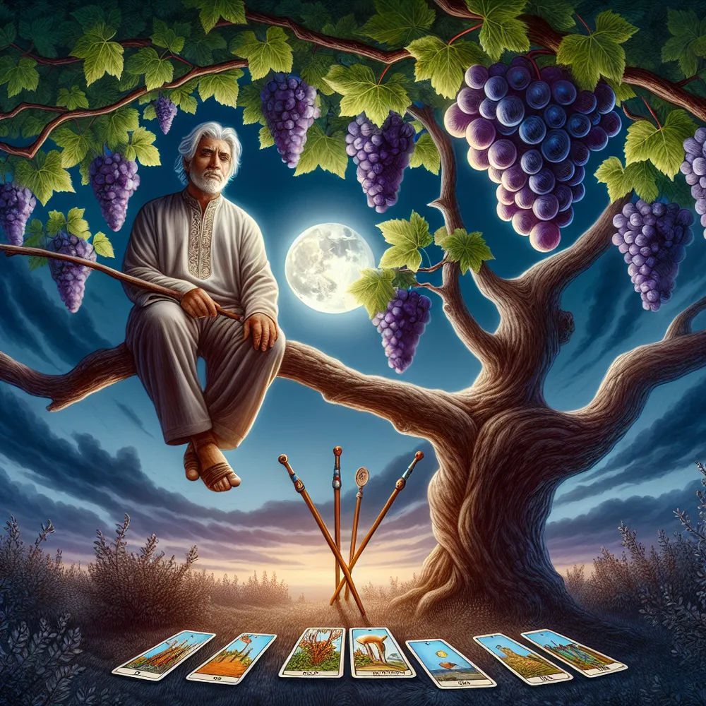 An image of a serene and wise senior man of South Asian descent hanging upside down from a tree branch by his foot against a twilit sky. There are seven wands scattered beneath the tree. Close to the tree there's a grapevine abundant in ripe grapes, which have naturally formed into an intricate cup shape. This formation represents the tarot card symbolism of the Three of Cups. A radiant and glowing moon overhead illuminates the entire scene, casting a gentle moonlight over the entire tableau.