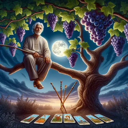 An image of a serene and wise senior man of South Asian descent hanging upside down from a tree branch by his foot against a twilit sky. There are seven wands scattered beneath the tree. Close to the tree there's a grapevine abundant in ripe grapes, which have naturally formed into an intricate cup shape. This formation represents the tarot card symbolism of the Three of Cups. A radiant and glowing moon overhead illuminates the entire scene, casting a gentle moonlight over the entire tableau.