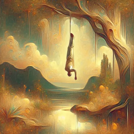 Generate an image of The Hanged Man Tarot card in a serene and ethereal environment. Picture a man hanging upside-down in tranquility, suspended from a tree. He is enveloped by soft, subdued earthy hues peppered with strokes of vibrant hues, symbolizing optimism. The atmosphere around him bathes the surroundings in a gentle, luminous glow. Include minor symbolic suggestions of tumult and foresight as a subtle reference to the other two tarot cards. The whole scenery should exude a sense of tranquillity, encouraging introspection and deep thinking, all imbued with a subtle hint of transformative energy.