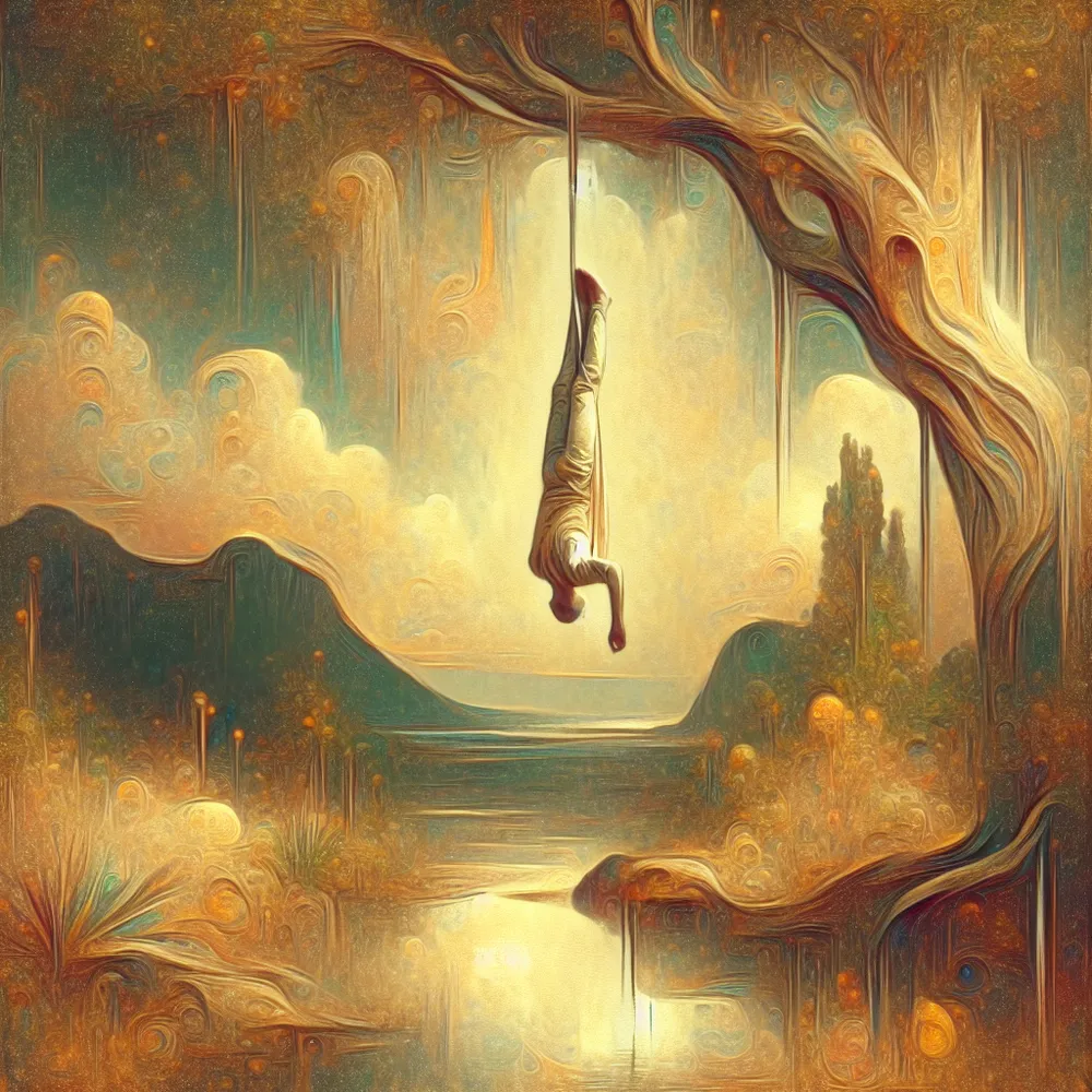 Generate an image of The Hanged Man Tarot card in a serene and ethereal environment. Picture a man hanging upside-down in tranquility, suspended from a tree. He is enveloped by soft, subdued earthy hues peppered with strokes of vibrant hues, symbolizing optimism. The atmosphere around him bathes the surroundings in a gentle, luminous glow. Include minor symbolic suggestions of tumult and foresight as a subtle reference to the other two tarot cards. The whole scenery should exude a sense of tranquillity, encouraging introspection and deep thinking, all imbued with a subtle hint of transformative energy.