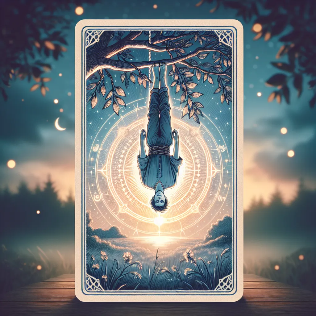 Create a mystical and serene illustration of a tarot card featuring The Hanged Man. The central figure is suspended upside down from a tree branch by one foot, calmly gazing towards the horizon. Surround the figure with an ethereal glow, set against a tranquil nature background at twilight. Emphasize the themes of reflection and perspective with gentle details like fluttering leaves and a soft, luminescent aura around the figure. Capture the essence of stillness and enlightenment found in classical tarot card imagery.