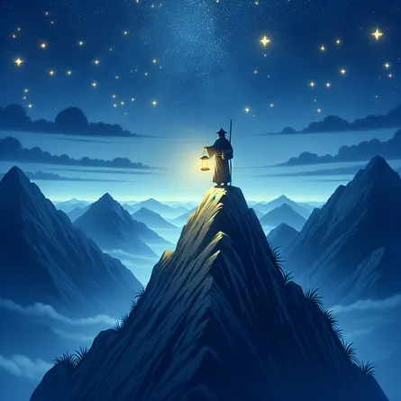 A calming image of a hermit of unspecified gender and race, standing alone on the peak of a tall mountain. It's under a peaceful, clear night sky generously sprinkled with gleaming stars that amplify the sense of tranquility and introspection. The hermit holds a lantern that emits a gentle, soothing yellow light, marking a trail towards inner exploration. The vehicle through which the hermit completes this journey towards self-discovery is solitude, further emphasized by the serene and silent surroundings.
