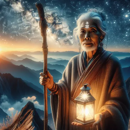 An elder South Asian woman with a serene expression stands on the peak of a high mountain under a vast, star-filled sky. In one hand, she holds a sturdy staff, symbolizing strength and wisdom, and in the other, a bright, glowing lantern that casts an illuminating light around her. She is a representation of The Hermit tarot card, symbolizing introspection, isolation, and understanding of the self under her challenging yet fulfilling path to wisdom.
