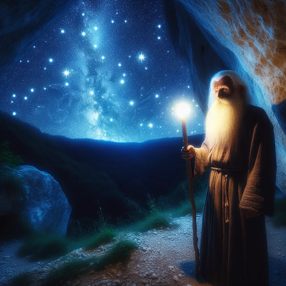 A wise and serene old Caucasian hermit stands at the entrance of a secluded cave, holding a staff that emits light. This light guides his path in the vibrant and serene nocturnal setting. The environment is enveloped under a blanket of glittering stars, projecting tranquility under the open skies of night. The hermit's face is filled with the wisdom drawn from years of solitude, his eyes reflecting the tiny points of light suspended in the infinite overhead canvas.