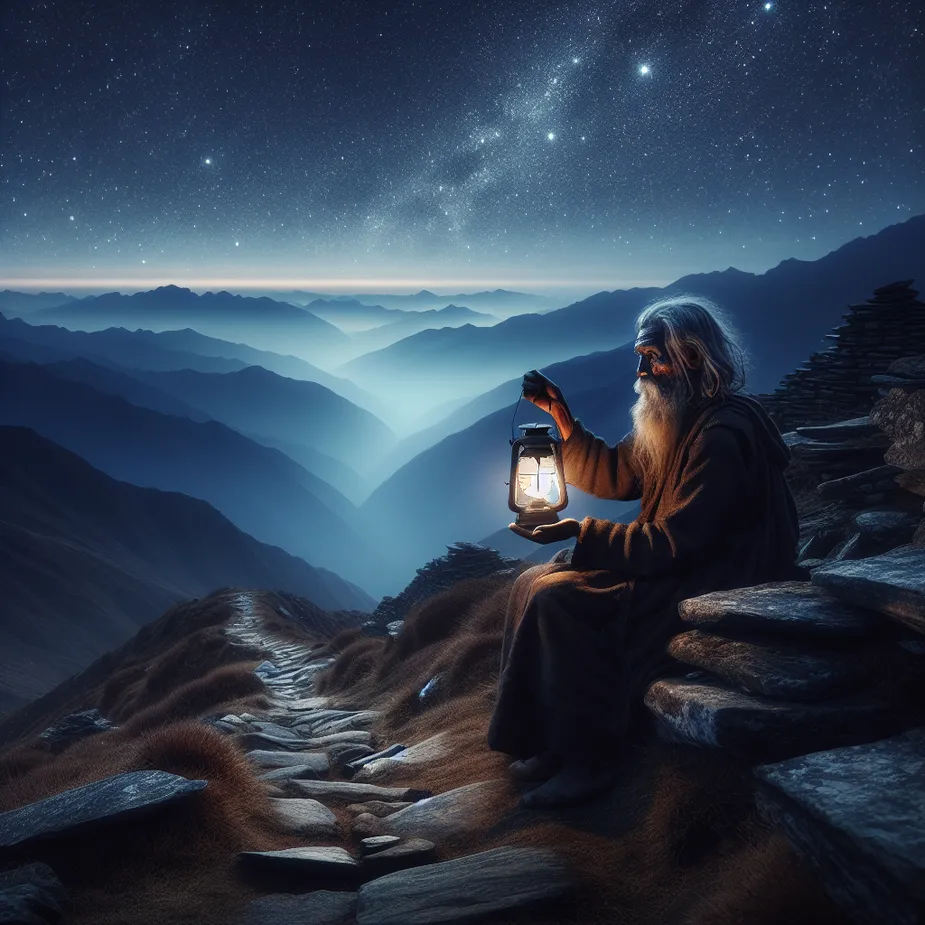 A wise and enlightened hermit on a mountain peak under a starlit night sky, holding an incandescent lantern that throws a soft light on the winding stony path leading up to him. The hermit is an elderly South Asian man, rugged from spending time in nature, wearing a simple cloak. His weathered face reveals profound wisdom as he patiently awaits those who make the arduous journey up the mountain seeking his guidance. The night is clear, allowing the majestic vista of distant mountains under twinkling stars to unfold below him.