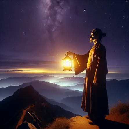 A lone figure, identifiable as an East Asian male, stands at the peak of a moonlit mountaintop, his face directed upward in profound meditation. He holds a radiant golden lantern in his hand, providing a warm, bright light that pierces the darkness and lights up the trail underneath. This individual personifies The Hermit, synonymous with intrinsic wisdom and self-contemplation. The backdrop sky presents varying hues of deep purples and blues, with a constellation of stars glittering above. The scene embodies a clear but soothing feeling of solitude, underscoring the allure of solitude and self-realization.