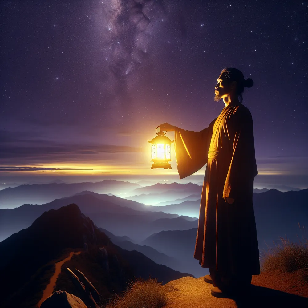A lone figure, identifiable as an East Asian male, stands at the peak of a moonlit mountaintop, his face directed upward in profound meditation. He holds a radiant golden lantern in his hand, providing a warm, bright light that pierces the darkness and lights up the trail underneath. This individual personifies The Hermit, synonymous with intrinsic wisdom and self-contemplation. The backdrop sky presents varying hues of deep purples and blues, with a constellation of stars glittering above. The scene embodies a clear but soothing feeling of solitude, underscoring the allure of solitude and self-realization.