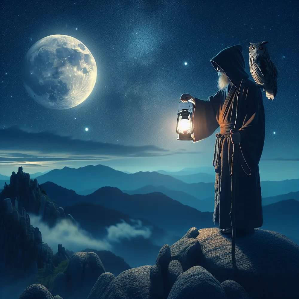 Create a serene image of a character known as 'The Hermit'. He stands on the pinnacle of a rocky mountain, a lantern held in his hand providing a small sphere of light in the enveloping darkness. An owl, symbol of wisdom, perches comfortably on his shoulder, their eyes reflecting the moonlight. The night sky around them is studded with countless twinkling stars, while the moon, half-obscured by transient wispy clouds, shines its soft light down onto this tranquil scene. The atmosphere of the landscape around them invites quiet introspection and seems imbued with age-old wisdom.