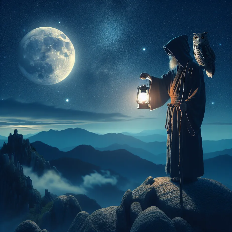 Create a serene image of a character known as 'The Hermit'. He stands on the pinnacle of a rocky mountain, a lantern held in his hand providing a small sphere of light in the enveloping darkness. An owl, symbol of wisdom, perches comfortably on his shoulder, their eyes reflecting the moonlight. The night sky around them is studded with countless twinkling stars, while the moon, half-obscured by transient wispy clouds, shines its soft light down onto this tranquil scene. The atmosphere of the landscape around them invites quiet introspection and seems imbued with age-old wisdom.
