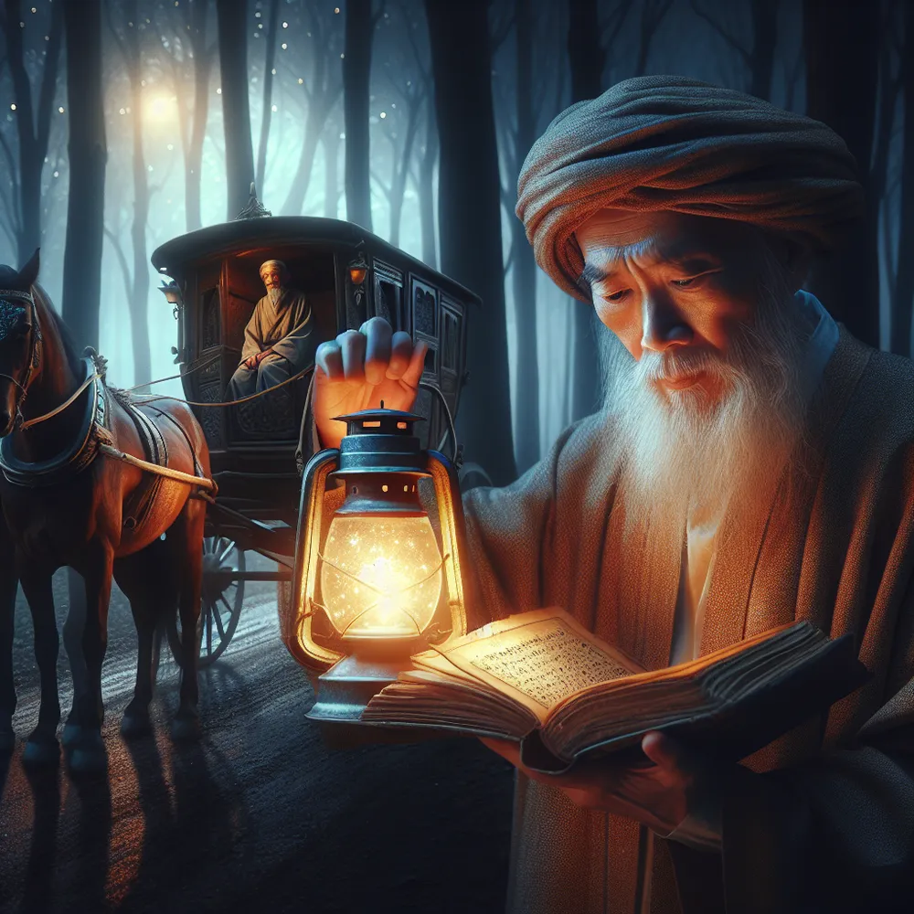 An elderly, sagacious Middle-Eastern man, holding a glowing lantern that casts light on the path in a serene, dusky forest. Further away, a chariot steadily waits, the soft twinkles of the early stars reflecting off of its polishedwood exterior. In the back seat of the chariot, a young Asian boy is engrossed in a thick, well-loved book, his eyes full of wonder and curiosity. His focus is locked onto the old, tattered pages, eagerly absorbing the wisdom they hold.