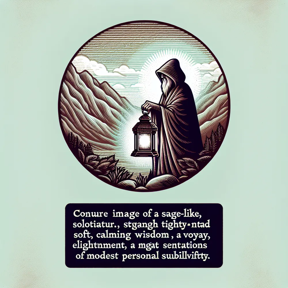 Conjure an image of a sage-like, solitary figure, identified as a hermit. Situate this character within a tranquil mountain landscape, grasp tightly onto a lantern radiating soft, calming illumination - a beacon of reflective wisdom. The hermit is swathed in a cloak and the setting inspires a sense of peace, solitude, a voyage toward self-enlightenment, and beckons sentiments of modest personal scrutiny.