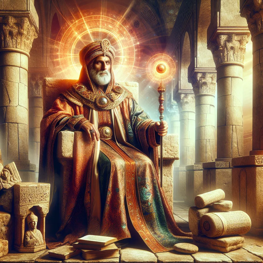 Create an image of a wise and impressive figure  - an elderly, Middle-Eastern man with gentle yet stern features. He is dressed in ornate ceremonial robes of multifarious colors, befitting a respected spiritual leader. He sits regally on a weathered stone throne, surrounded by sturdy, ancient architectural edifices that echo longevity and permanence. Using his right hand, he holds an elaborate scepter that signifies his position of authority. Scattered about him are various symbols that represent faith and structured knowledge, such as old scriptures, stone tablets, and religious icons. Above his head, a magical aura glows softly, casting him in a surreal, ethereal light. The overall color theme of the picture is warm — oranges, reds, and yellows — effectively highlighting the theme of spiritual guidance and wisdom. A mellow light shines from an unseen source, adding depth and a sense of peaceful tranquility to the scene.