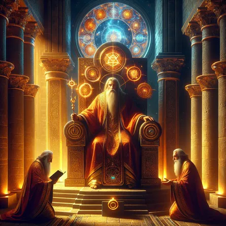 A grand and deeply symbolic scene evoking reverence. Central to the composition is The Hierophant, seated on a sumptuous throne amidst heavy stone pillars that convey a sense of age and wisdom. This venerable figure gently holds a triple-pronged scepter, signifying his spiritual authority. Two disciples, their attitudes implying a sense of profound respect and unwavering faith, kneel before him. Warm, celestial radiance bathes the Hierophant, distinguishing him from the shadowed, stone-hewn background. Behind him, a beautiful stained-glass window enlivens the scene with its riot of vibrant hues. The visual narrative is enhanced with symbolic elements subtly embedded throughout the image - a torus symbolizing the cycle of the universe and a book espousing stoic wisdom, placed unassumingly on a nearby pedestal.