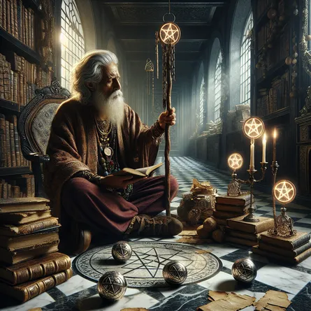 An image of a wise and elderly sage, personifying introspection and knowledge. This South Asian male is seated in a library-like ambiance reminiscent of antiquity and wisdom, surrounded by timeworn scrolls and volumes of books. He holds a spiritual staff in his hand, a representation of spiritual guidance. Adjacent to him, shine three lustrous pentacles, a reference to the Treasured three of the pentacles tarot card. Subtly lying on the marbled floor are a pair of shattered chains, a metaphorical symbol of freedom and breakthrough from suppression.