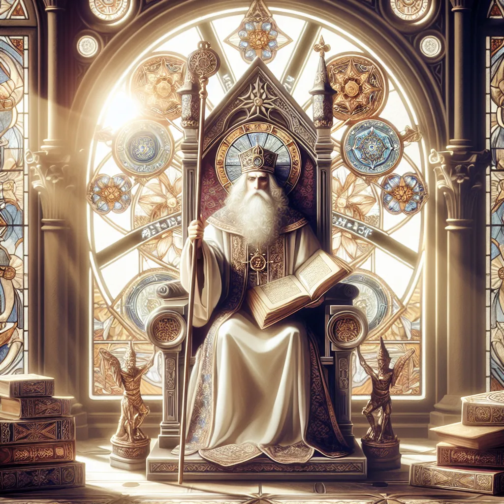 An elegant depiction of The Hierophant from tarot, featuring a wise figure seated on a grand throne adorned with traditional symbols of knowledge and spirituality. They wear ceremonial robes, holding a scepter upright. Surrounding them are ancient books and scrolls, symbolizing tradition and wisdom. Sunlight filters through an ornate stained-glass window in a sacred temple setting, creating a serene and mystical atmosphere.