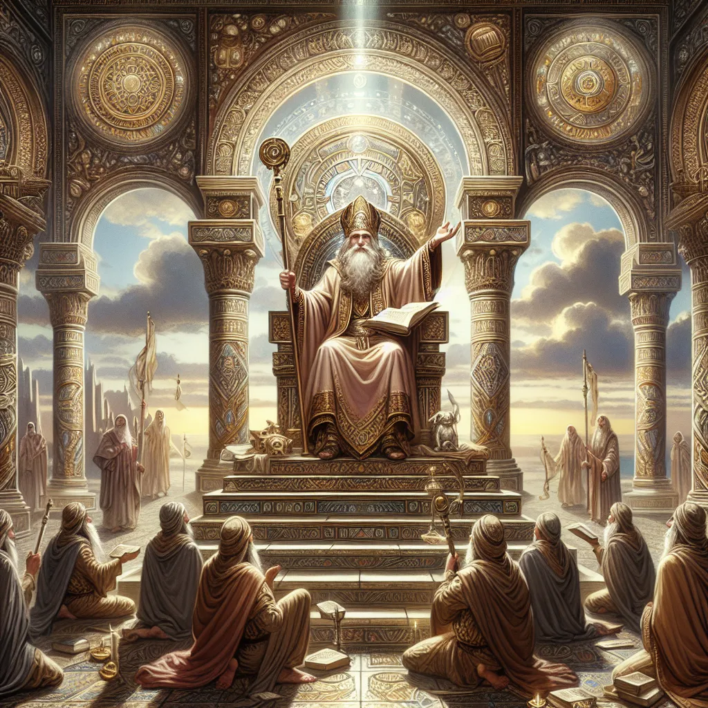 Create an image of The Hierophant from tarot cards, depicted as a wise, benevolent figure seated on a grand throne within an ancient temple. He is adorned in traditional ceremonial robes, holding a scepter in one hand and a sacred text in the other. His expression radiates wisdom and guidance. The temple is filled with intricate symbols of spiritual teachings and soft, ambient light illuminates the scene. Include figures kneeling in reverence, listening intently to his words, symbolizing the transmission of universal wisdom.