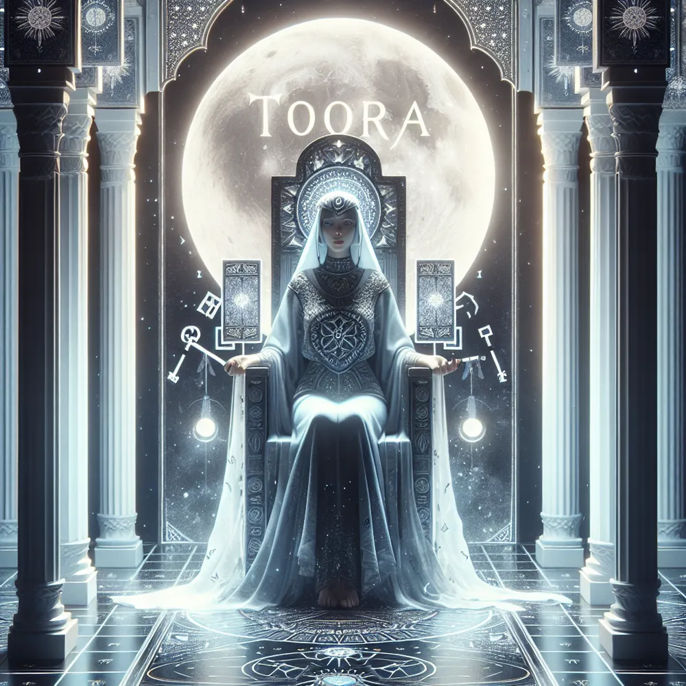 Generate a hero image with a focus on The High Priestess tarot card. The central figure should be a middle-eastern woman, exuding an aura of mysticism and wisdom. She sits on a majestic throne, an illuminated moon cradled beneath her feet while she holds a thought-provoking scroll labeled 'Tora.' Her throne, a symbol of authority, stands between two contrasting pillars - one pure white, the other pitch black. The background is an ethereal tapestry of floating keys and suggestive symbols, quietly enhancing the atmosphere of the inscrutable reading.