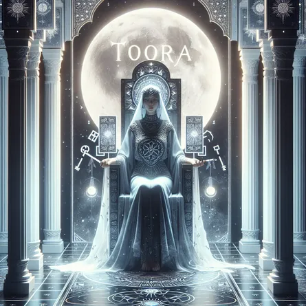 Generate a hero image with a focus on The High Priestess tarot card. The central figure should be a middle-eastern woman, exuding an aura of mysticism and wisdom. She sits on a majestic throne, an illuminated moon cradled beneath her feet while she holds a thought-provoking scroll labeled 'Tora.' Her throne, a symbol of authority, stands between two contrasting pillars - one pure white, the other pitch black. The background is an ethereal tapestry of floating keys and suggestive symbols, quietly enhancing the atmosphere of the inscrutable reading.