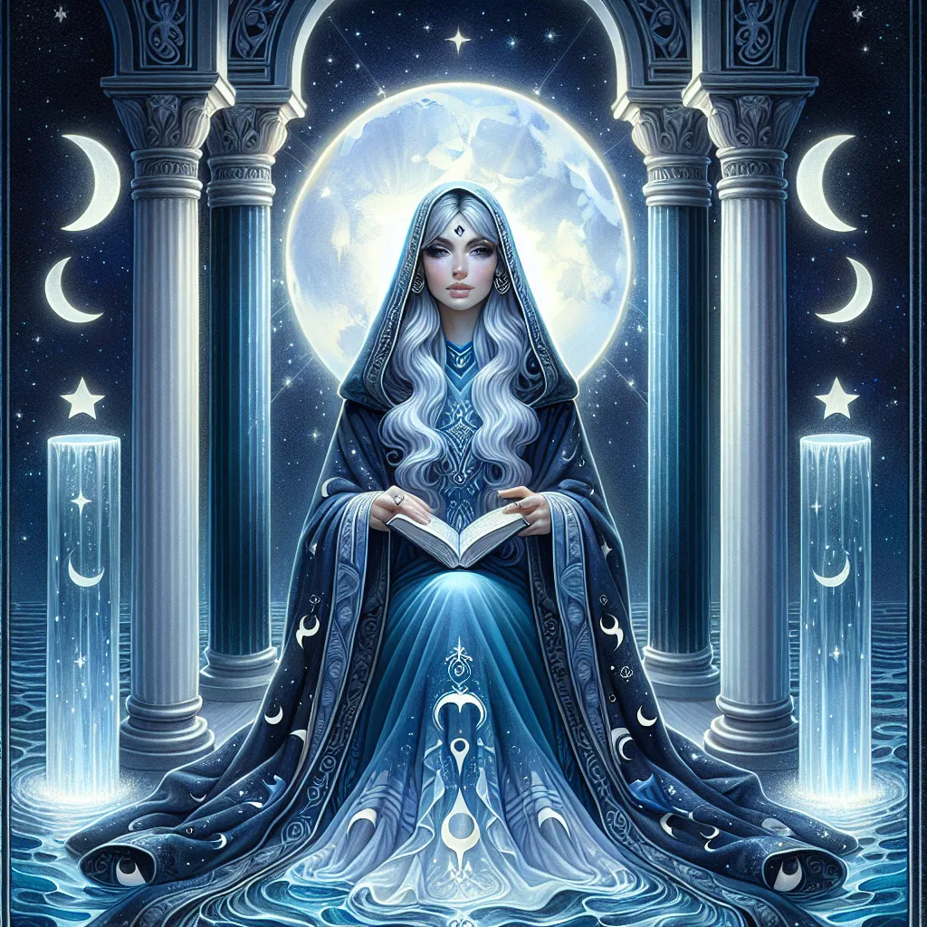 Create an ethereal and mystical scene featuring The High Priestess from the tarot. She is a regal and wise figure seated between two pillars, one black and one white, symbolizing duality. She wears a flowing blue robe adorned with crescent moon motifs and holds an open scroll in her lap, representing ancient knowledge. Her expression is serene, exuding calm and deep intuition. Surround her with symbols of water and the moon, emphasizing her connection to the unconscious mind, personal insight, and wisdom. The background should be an enchanting night sky, glittering with stars, creating an atmosphere of mystery and inner illumination.