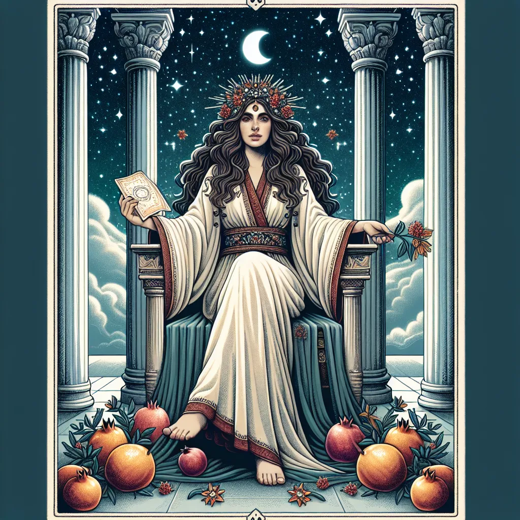 Create an illustration of the High Priestess from the tarot deck. She is seated on a throne between two pillars, symbolizing balance between the subconscious and conscious mind. Her expression is serene and contemplative, exuding wisdom and intuition. The backdrop is a starry night sky with a crescent moon, accentuating her mystical presence. She holds a scroll, representing knowledge, and wears a flowing robe adorned with pomegranates. The scene should feel mystical, calm, and introspective, capturing the essence of inner wisdom and intuition.