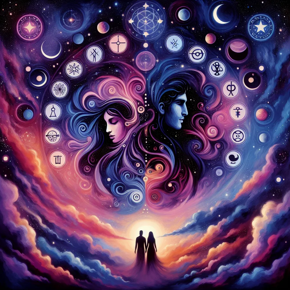 An abstract interpretation of The Lovers tarot card showing two figures of equal stature in harmony, one of Hispanic descent and male, the other of South Asian descent and female, surrounded by symbols of choices and commitment, under a vibrant cosmic sky at twilight. Each element in the card holds a symbolic meaning, swirling under the celestial firmament in hues of deep blues, purples and pinks, with stars puncturing the canopy of twilight in intermittent spots, rendering a sense of ethereal divine guidance.