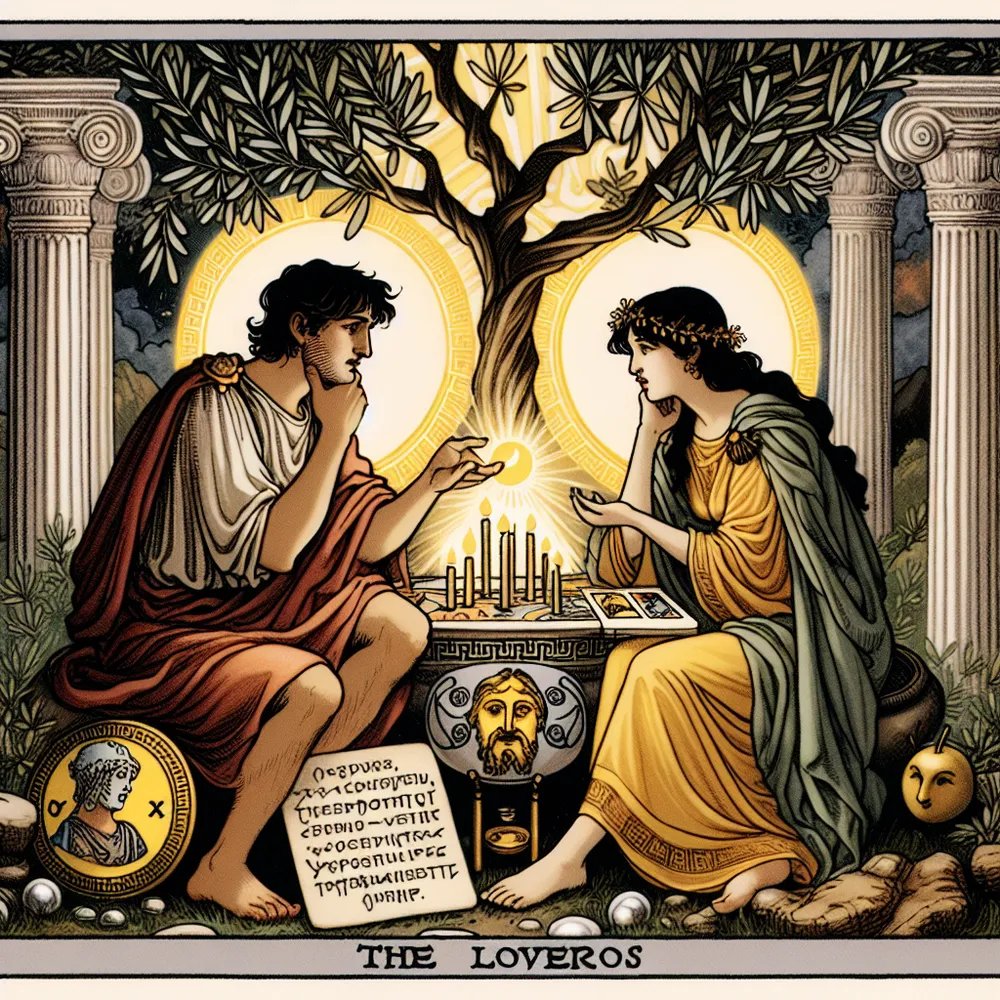 Depict The Lovers tarot card set in an ancient Greek environment. Picture this with a Caucasian man and an Asian woman as the lovers sitting under an olive tree, deeply engrossed in a stimulating discussion, demonstrating their profound connection and understanding. A scroll inscribed with pearls of stoic philosophy lies at their feet, indicative of their aligned principles. Behind them, a gentle incandescent glow plays the role of their collective love and cohesion. Incorporated into the background are elements of Greek architecture. These are subtly hinting towards introspection and contemplation. It subtly draws influences from the tarot cards The Hermit and Seven of Wands, implying resilience and introspection.