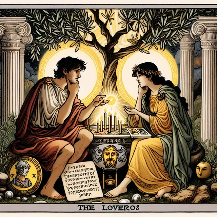 Depict The Lovers tarot card set in an ancient Greek environment. Picture this with a Caucasian man and an Asian woman as the lovers sitting under an olive tree, deeply engrossed in a stimulating discussion, demonstrating their profound connection and understanding. A scroll inscribed with pearls of stoic philosophy lies at their feet, indicative of their aligned principles. Behind them, a gentle incandescent glow plays the role of their collective love and cohesion. Incorporated into the background are elements of Greek architecture. These are subtly hinting towards introspection and contemplation. It subtly draws influences from the tarot cards The Hermit and Seven of Wands, implying resilience and introspection.