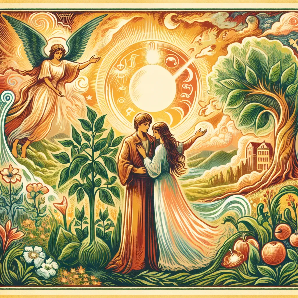 Create an artistic depiction of The Lovers tarot card. Visualize two figures standing in harmony, surrounded by an ethereal landscape that symbolizes unity and choice. Include traditional symbols such as an angel blessing the pair, lush greenery around them, and a sun rising in the background to represent enlightenment and balance. Convey the theme of profound connection and mutual respect through warm, inviting colors.