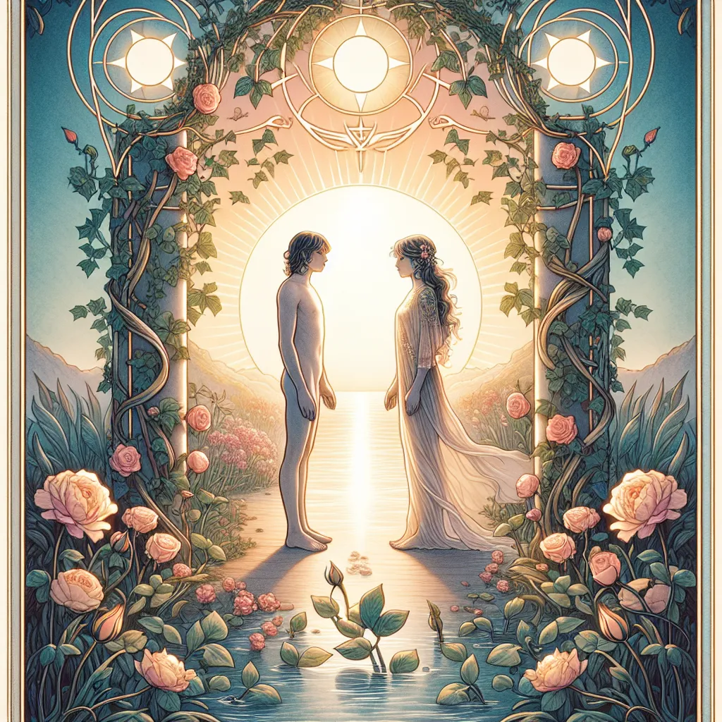 Create an ethereal and harmonious scene illustrating The Lovers tarot card. The image should portray a beautifully serene setting with a pair of figures symbolizing duality and unity, standing beneath an archway of intertwined ivy and roses. The figures should be gazing at each other with a sense of deep connection, surrounded by elements of earth, air, water, and fire to symbolize balance and choice. The background should feature a gentle, glowing sunrise to evoke new beginnings and hope.
