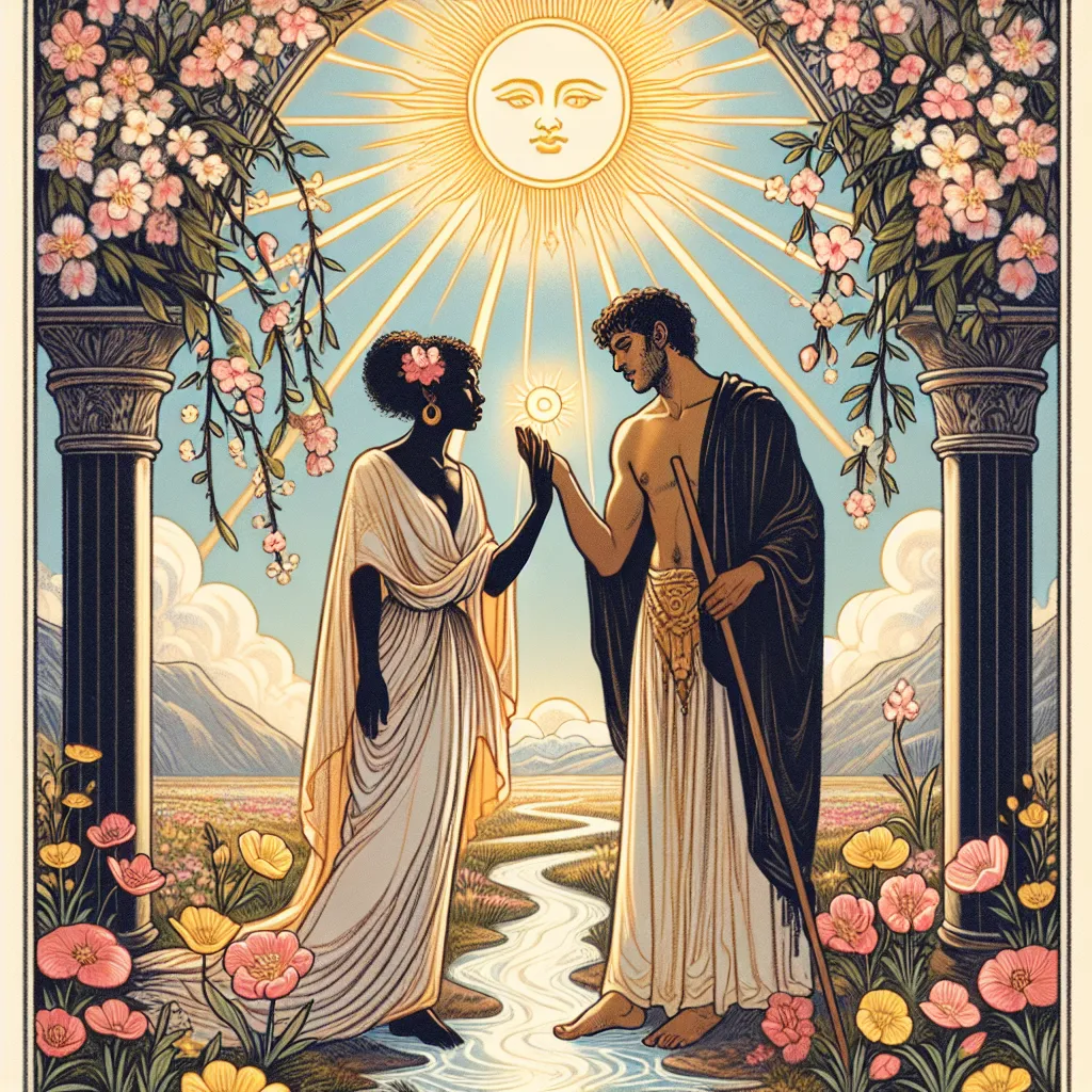 Create an artistic depiction of The Lovers tarot card. The image should highlight a scene where a Black woman and a Middle-Eastern man stand in a harmonious embrace under an archway of blossoming flowers, with a sun shining brightly above them. These figures symbolize unity and choice, both deeply gazing into each other's eyes in a moment of tranquility. A serene landscape stretches out behind them, hinting at a journey yet to unfold. Please include classical tarot motifs such as a path under their feet, flowing water nearby, and divine light from the sun above, imbuing the scene with a sense of destiny and deep, emotional connection.