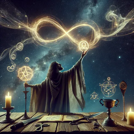 In the center of the image, a confident mystic figure of indeterminate descent stands, holding a golden infinity symbol aloft against a starry midnight sky. Their robe is antiquated and made of gossamer, adorned with arcane symbols. In the foreground, an old wooden table showcases elemental symbols - a cup, a sword, a pentacle, and a wand, representing earth, air, fire, and water respectively. Ethereal energy wisps are seen connecting the table to the raised hand of the mystic, creating a depiction of an intricate dance between creation and control.