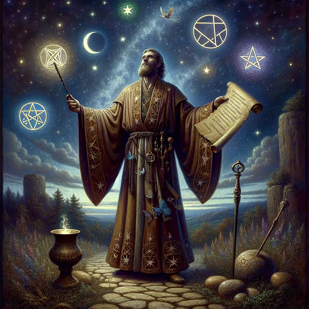 Create an old-world style oil painting of a mystical Caucasian Magician standing on a pathway under the glow of a starry night sky. Looking up to the stars, he has a pentacle, wand, cup, and sword floating around him, symbolizing the four elements of Earth, Air, Fire, and Water. He's dressed in a flowing robe with star symbols, holding out a scroll depicting a stoic quote. The surrounding scenery is filled with elements of nature, reflecting the primal magic that blends with stoic philosophy.