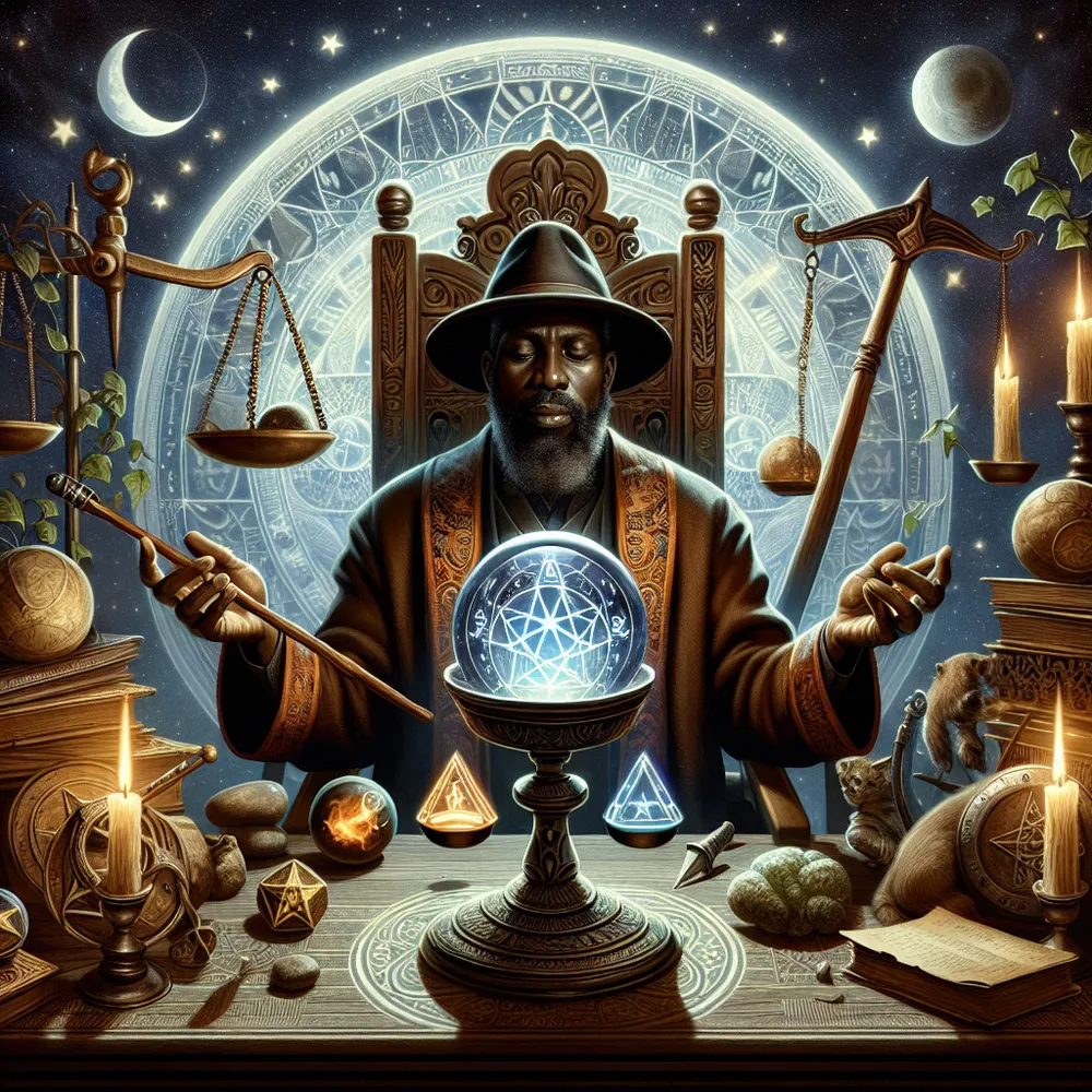 An African wizard located at his mystic workstation beneath a night sky illuminated by stars. He is effortlessly controlling a glowing crystal ball, a wooden wand, a sharp sword, and a pentacle, which depict the fundamental elements - earth, water, air, and fire. The wizard exudes confidence, mastery and absolute control over these elements. Interestingly, he is positioned between a balance scale, which is symbolic of justice, and a throne intricately decorated with vines and pentacles, a representation of the Queen of Pentacles.