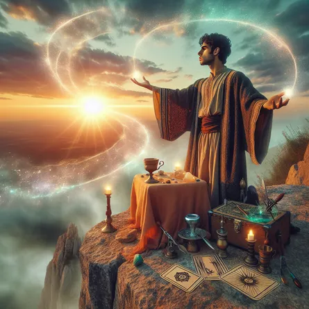 Create an image of a young Middle-Eastern male magician dressed in antique robes, perched on the precipice of a cliff. The sky is tinted with the soft hues of dawn, and he is gesturing upward to the newly rising sun while also pointing down to the earth beneath him. The cliffside table beside him holds artifacts symbolizing the four tarot suits - a wand, a cup, a sword, and a pentacle. The air around him is vibrant with surreal energy particles emanating from him and converging towards the rising sun, underlining his bond with both celestial and earthly realms.