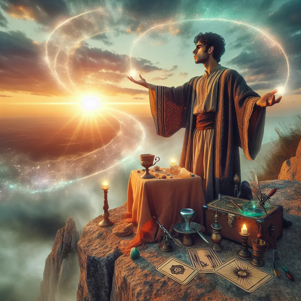 Create an image of a young Middle-Eastern male magician dressed in antique robes, perched on the precipice of a cliff. The sky is tinted with the soft hues of dawn, and he is gesturing upward to the newly rising sun while also pointing down to the earth beneath him. The cliffside table beside him holds artifacts symbolizing the four tarot suits - a wand, a cup, a sword, and a pentacle. The air around him is vibrant with surreal energy particles emanating from him and converging towards the rising sun, underlining his bond with both celestial and earthly realms.