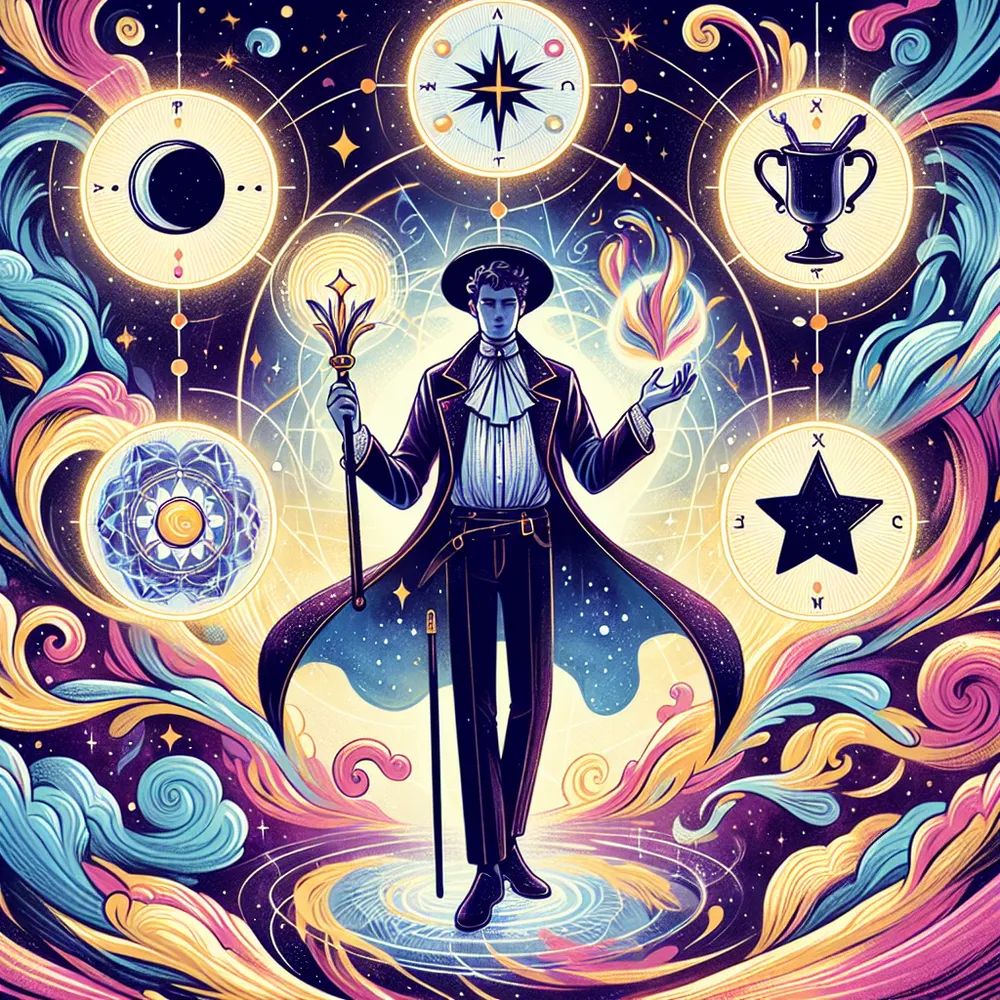 An enchanting and empowering illustration of The Magician tarot card. The Magician stands amidst a cosmic backdrop, confidently holding the symbols of the four tarot suits: a wand, a cup, a sword, and a pentacle. He is at the center of swirling elemental energies, demonstrating his mastery and control over his universe.