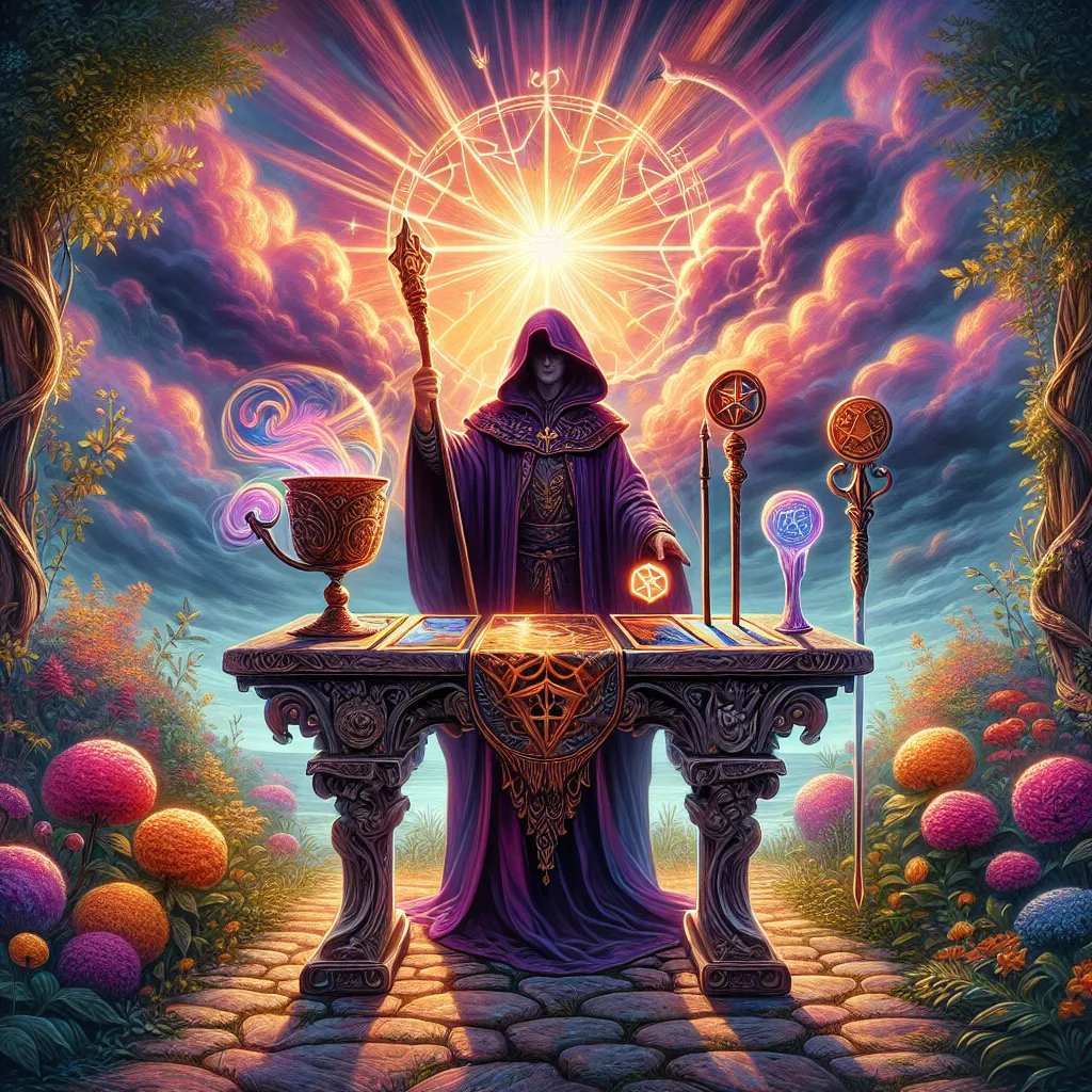 Create an image of a mystical scene featuring The Magician from tarot. Depict a wise figure standing at an ornate, ancient table outdoor in a lush garden. The table is adorned with symbolic tools of the elements: a wand, a cup, a sword, and a pentacle. The Magician is elegantly robed in a deep purple cloak, with one hand pointing towards the sky and the other towards the earth, symbolizing the connection between the spiritual and the earthly realms. The background is a vibrant burst of colors representing the energy and potential of transformation, evoking an atmosphere of magical realism.