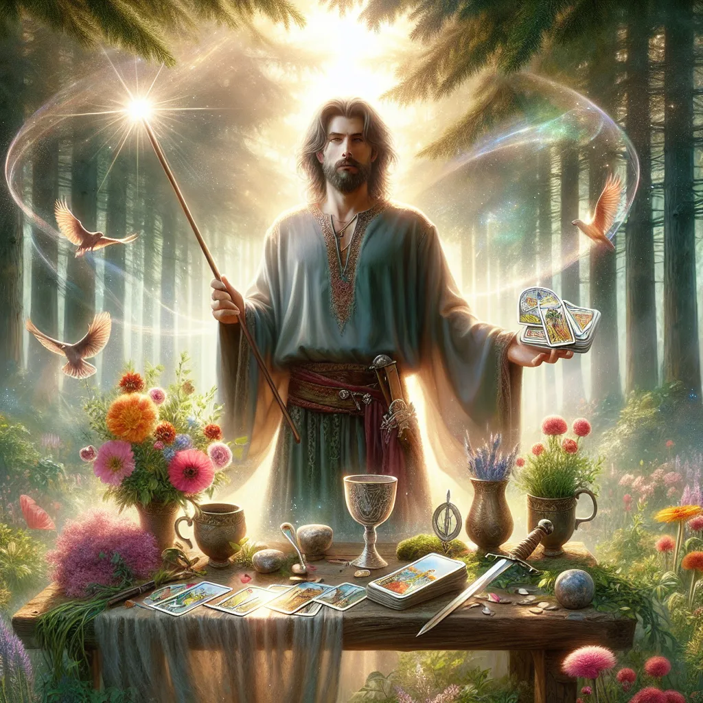 Create an image of The Magician from the tarot deck, depicted as a wise, mystical figure standing in a serene natural setting. He holds a wand aloft, channeling energy from the heavens, while other traditional tarot elements—a cup, a sword, a pentacle—are arranged on a wooden table in front of him. Surrounding him are vibrant flowers and greenery symbolizing the elements of earth, air, water, and fire. The Magician exudes confidence and concentration, his eyes focused and a knowing smile suggesting mastery and control, capturing the aura of transformation and self-empowerment. Light filters through the trees, creating a magical, ethereal atmosphere.