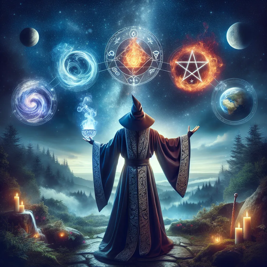A mystical and powerful figure dressed in traditional magician's robes stands confidently in an enchanting landscape. Surrounding him are symbols of the four elements: a swirling cup of water, a blazing wand of fire, a pentacle representing earth, and a sword gleaming with air. Overhead, the starry sky reflects the cosmos, symbolizing infinite possibilities. His hand is raised, channeling energy from above to below, illustrating the phrase 'as above, so below'. The ambiance is one of magic, balance, and creative potential.