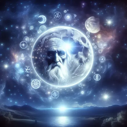 Create a surrealistic portrayal of a large, resplendent full moon casting bright light in a night sky teeming with stars. Around the moon, there's a subtle aura of enigmatic symbols representative of dreams and illusions. Within this ethereal luminescence of the moon, subtly incorporate an image of an ageless philosopher of an undefined descent, displaying a thoughtful, contemplative expression as he gazes towards it. The background should be a meticulously detailed landscape with a calm, serene river reflecting the brilliant light of the moon.