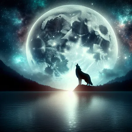 Create a fantastical image conveying an ethereal atmosphere where a brilliant, full moon casts its illuminating light on a serene body of water. Against this lunar backdrop, conjure the mystical silhouette of a wolf, softly howling into the tranquil night.