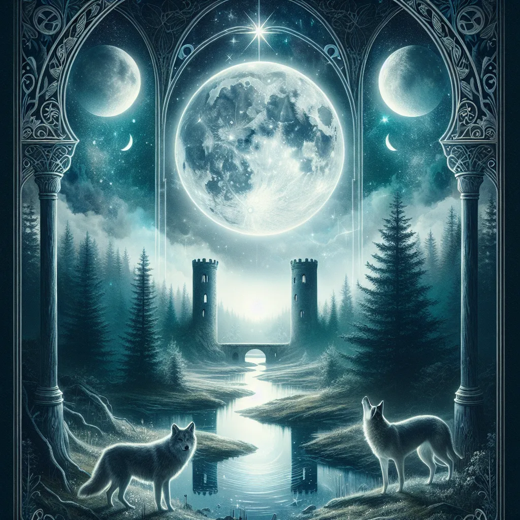 Create a mystical and enchanting scene depicting a tarot card illustration of The Moon. The image should feature a large, luminous moon casting a gentle silver glow over a serene landscape. Include a winding path leading through a mysterious forest, flanked by two ancient towers. In the foreground, show a body of water reflecting the moonlight, creating an ethereal and dreamy atmosphere. Add subtle details like a wolf and a dog howling towards the moon, symbolizing the dual nature of instinct and loyalty. The entire scene should evoke a sense of mystery, intuition, and the exploration of the subconscious.