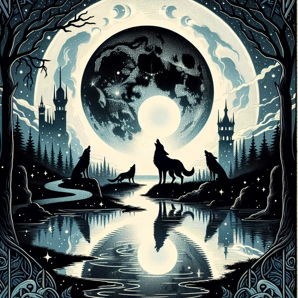 Create an intricate illustration of the tarot card 'The Moon' set in a mystical night landscape. The scene should feature a large, luminous moon casting a soft, enchanting glow over a tranquil landscape. Silhouettes of a howling wolf and a howling dog stand on either side of a winding path, leading to distant towers. In the foreground, a reflective pond mirrors the light of the moon. The overall atmosphere is dreamlike and mysterious, evoking a sense of introspection and the enigmatic allure of the subconscious.
