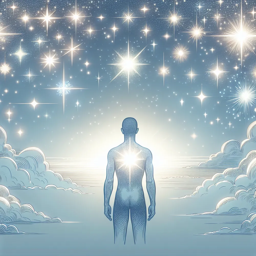 Create a whimsical, attention-grabbing illustration of an Asian male figure gazing upward towards a sky filled with stars. Each star uniquely glimmers, showcasing its individual luminosity. The figure's body emits a soft aura, symbolizing his inner light. The setting conveys a sense of serene solitude and tranquil peace. The overall scene captures the sentiment of inner reflection under a starlit sky.