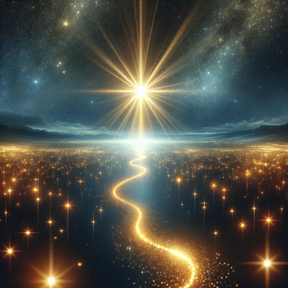 Visualize a tranquil and sparkling night sky, filled with myriad tiny points of light, except for one exceptional star that shines bigger and more luminous than the rest. The radiance from this grand star is soft and inviting, with beams of mellow light emanating from it. From the bottom of the scene, a glowing, meandering pathway beckons, inviting one to embark on a journey towards this captivating celestial object, symbolizing an expedition towards hope and faith. This route should exude a welcoming and secure vibe, implying a symbiotic relationship with the star. The overall ambiance should emanate feelings of calmness, motivation, and liberation.