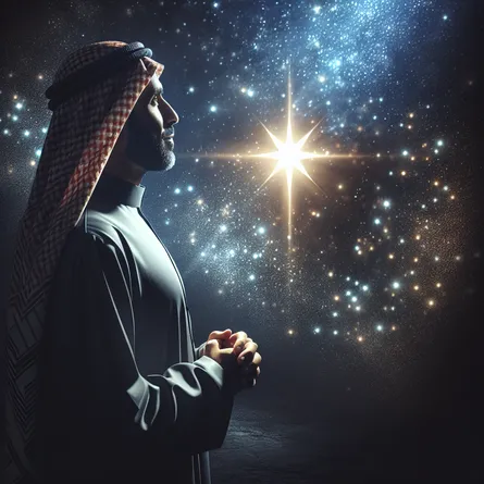 Imagine an image of a Middle-Eastern man standing under a night sky adorned with a sprinkle of stars, but with one star outshining the rest. The brightness of this star serves as a hopeful symbol and offers a sense of inspiration to the man. He is gazing upon this luminous star with a riveting blend of awe and aspiration. The glow from the star radiates down on him, illuminating him amidst the darkness, and casting magnificent shadows around him.