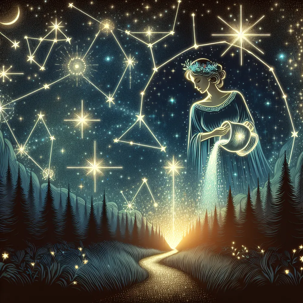 Depict a captivating night sky adorned with a constellation that takes the shape of a woman of Hispanic descent, pouring water from a jug. This forms an image resembling The Star tarot card. Additional radiant stars create a twinkling path that leads towards an enchanting forest. Emerging from the central part of the forest is a luminous wand, symbolizing the Ace of Wands tarot card. At the end of the path, introduce a mystical figure, a Caucasian male, clutching an assortment of symbolic tools in his hands, which signifies The Magician tarot card.
