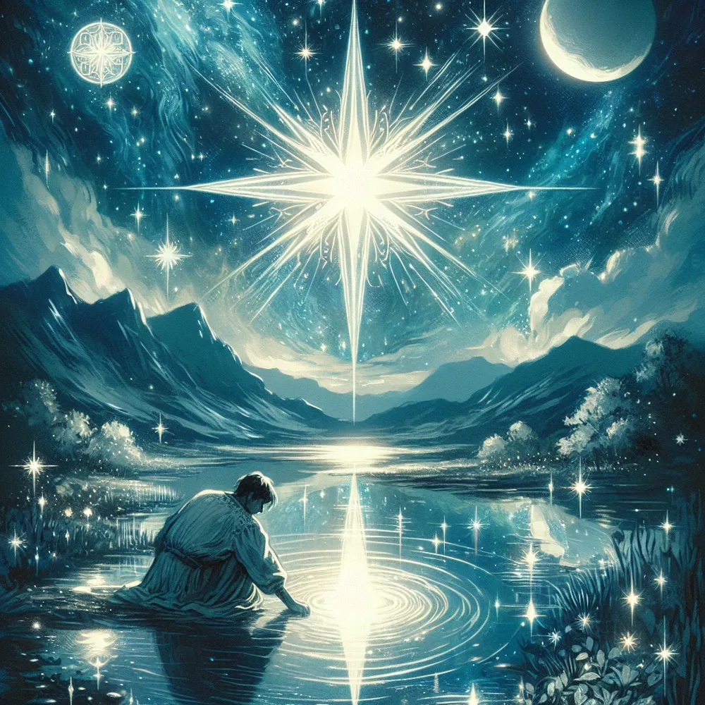 Create an ethereal nighttime scene depicting The Star tarot card. Highlight a serene night sky filled with twinkling stars and a large, radiant star centrally glowing, casting its hopeful light over a tranquil landscape. Include a gentle stream reflecting the light of the star and a South Asian male figure sitting in quiet contemplation, drawing from the water, symbolizing inspiration and renewal. Emphasize themes of hope, guidance, and serenity with a palette of soothing blues, whites, and silvers.
