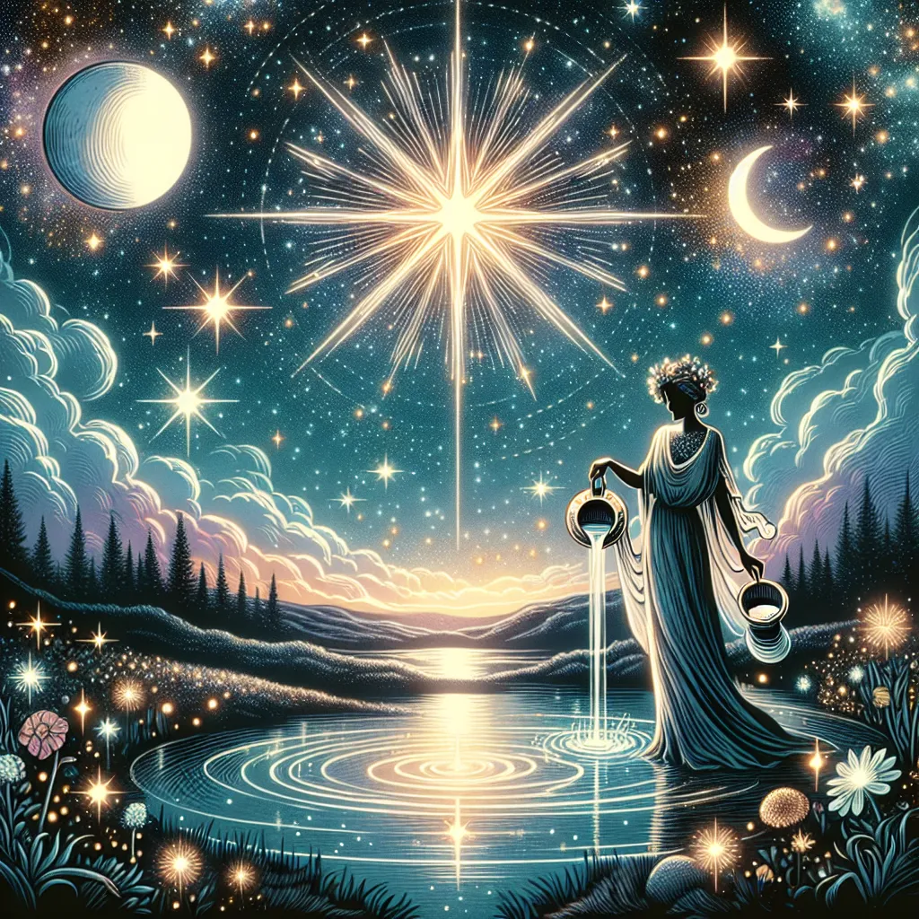 Create an ethereal and serene scene depicting The Star tarot card. Illustrate a tranquil night sky filled with sparkling stars, with a radiant and guiding central star. Below, a tranquil landscape with a calm pond reflecting the starlight. Include a symbolic figure resembling a goddess, gracefully pouring water from two vessels, one onto the land and the other into the pond, representing balance and hope. Capture a sense of renewal and cosmic harmony, reflecting the card's theme of inspiration and spiritual clarity.